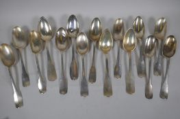 A set of four and a set of six silver fiddle back spoons, and five rattail spoons, AF, 1049g