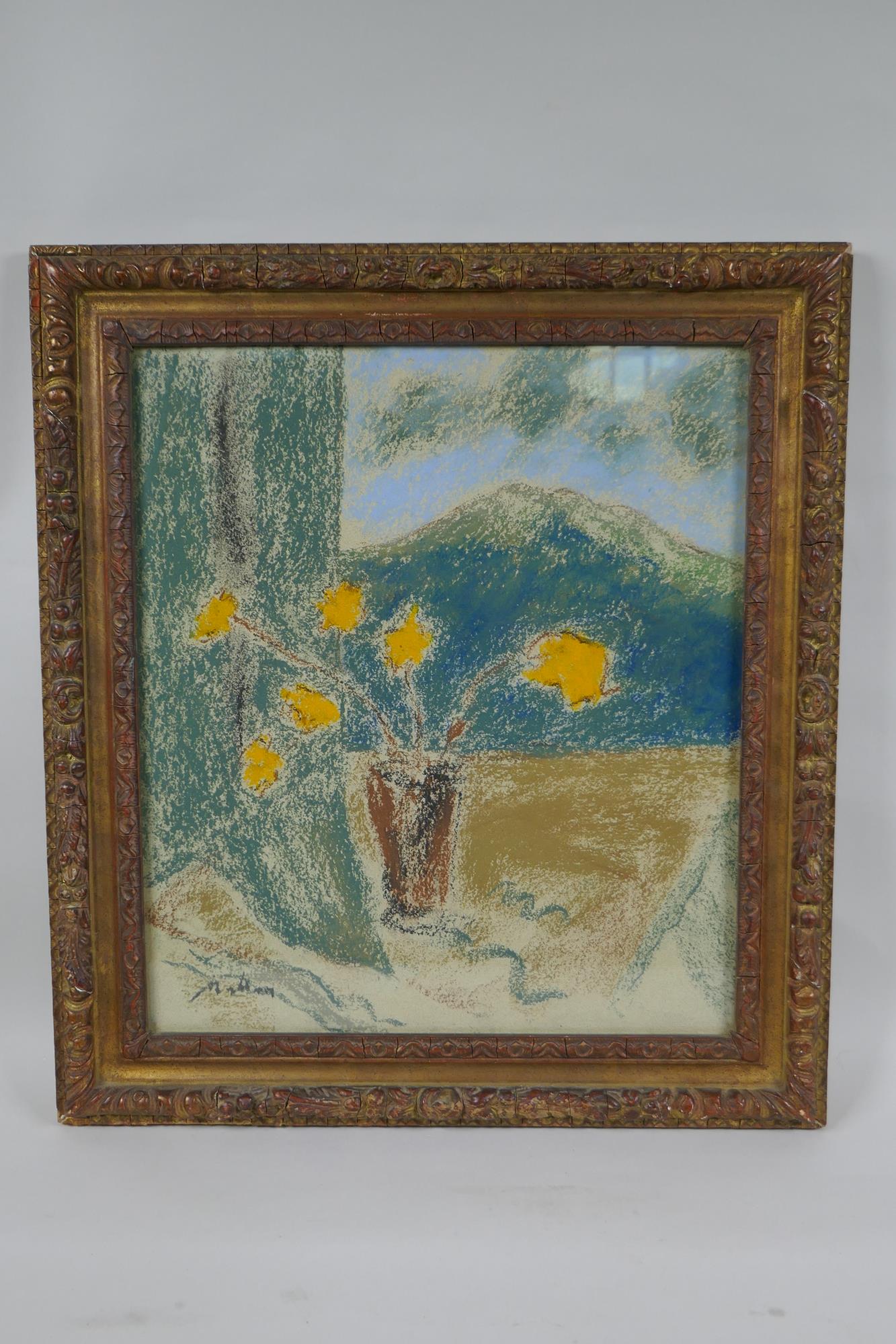 Impressionist style coloured chalk drawing, yellow flowers on a window sill, signed  Methuen?, 38 - Image 2 of 3