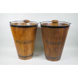 A pair of coopered wood buckets, with 'Bollinger' decoration, 40cm high