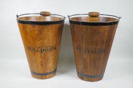 A pair of coopered wood buckets, with 'Bollinger' decoration, 40cm high