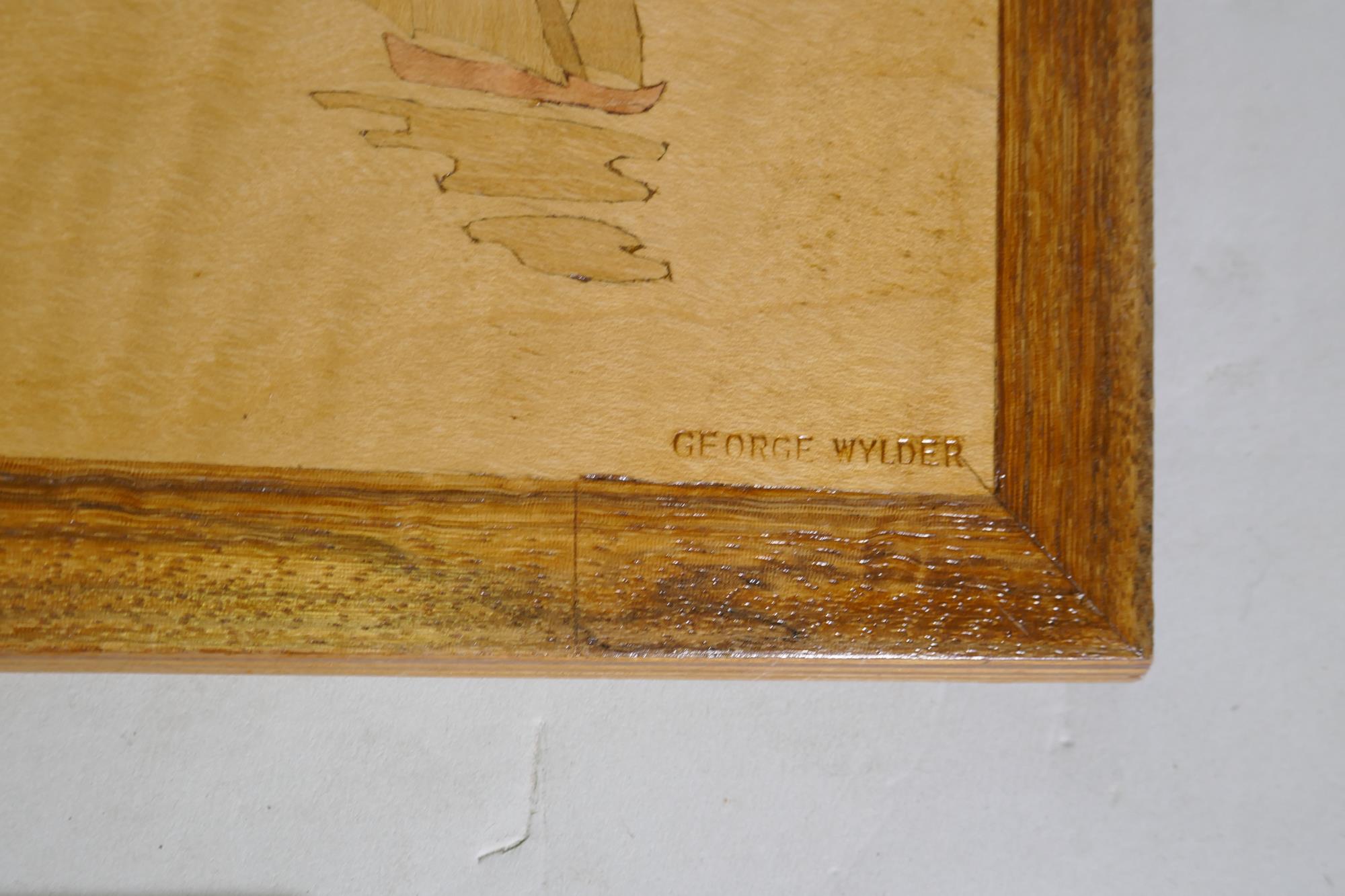 A wood model of a Viking longship, 68cm long, a marquetry panel signed George Wylder, five others, a - Image 5 of 9