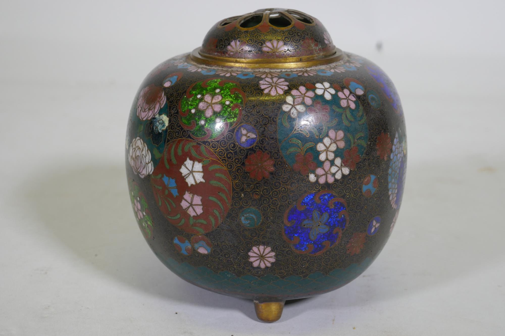 An antique oriental cloisonne potpourri, with ginbari panels, 13cm high, lacks knop to cover, a pair - Image 5 of 9