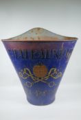 A French style painted blue metal grape picker's hopper, with Chateau Neuf du Pape decoration,