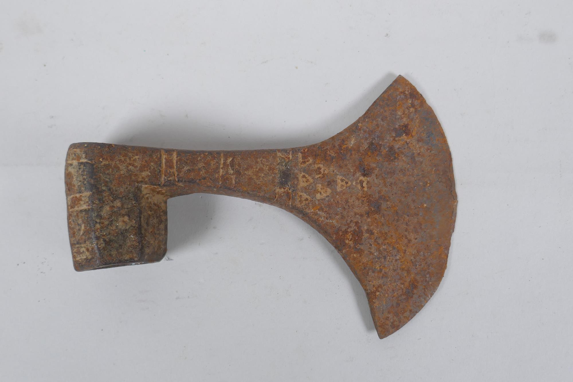 An early European horseman's axe head, possibly C14th, 16 x 11cm - Image 2 of 2