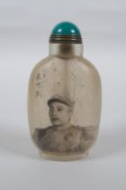 A Chinese reverse decorated glass snuff bottle depicting a figure in military clothing, character