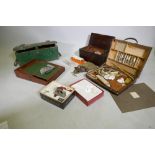 A Victoria mahogany workbox with sewing contents, artist's box, writing slope, AF, an antique