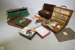 A Victoria mahogany workbox with sewing contents, artist's box, writing slope, AF, an antique