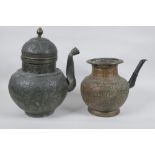 Two antique oriental repousse copper tea pots, with floral and dragon decoration, largest 28cm