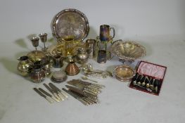 Quantity of C19th silver plated knives (12), basket, trays etc