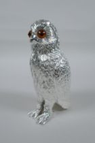 A A silver plated sugar sifter in the form of an owl, 15cm high