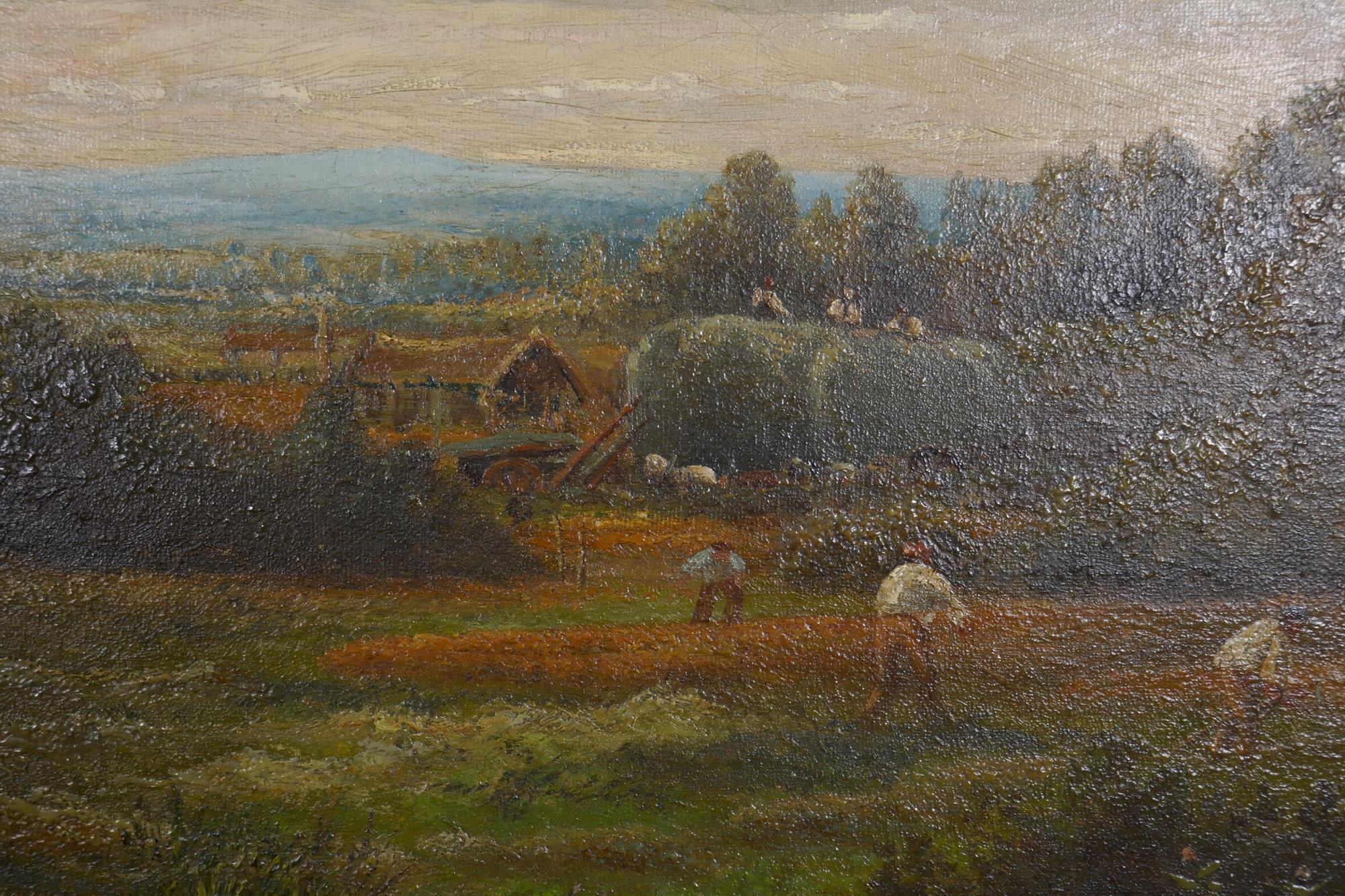 Landscape with haymakers, unsigned, C19th, oil on canvas in a good gilt frame, 81 x 51cm - Image 3 of 6