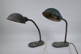 A pair of antique industrial goose neck adjustable lamp, with metal base and pin tray and original