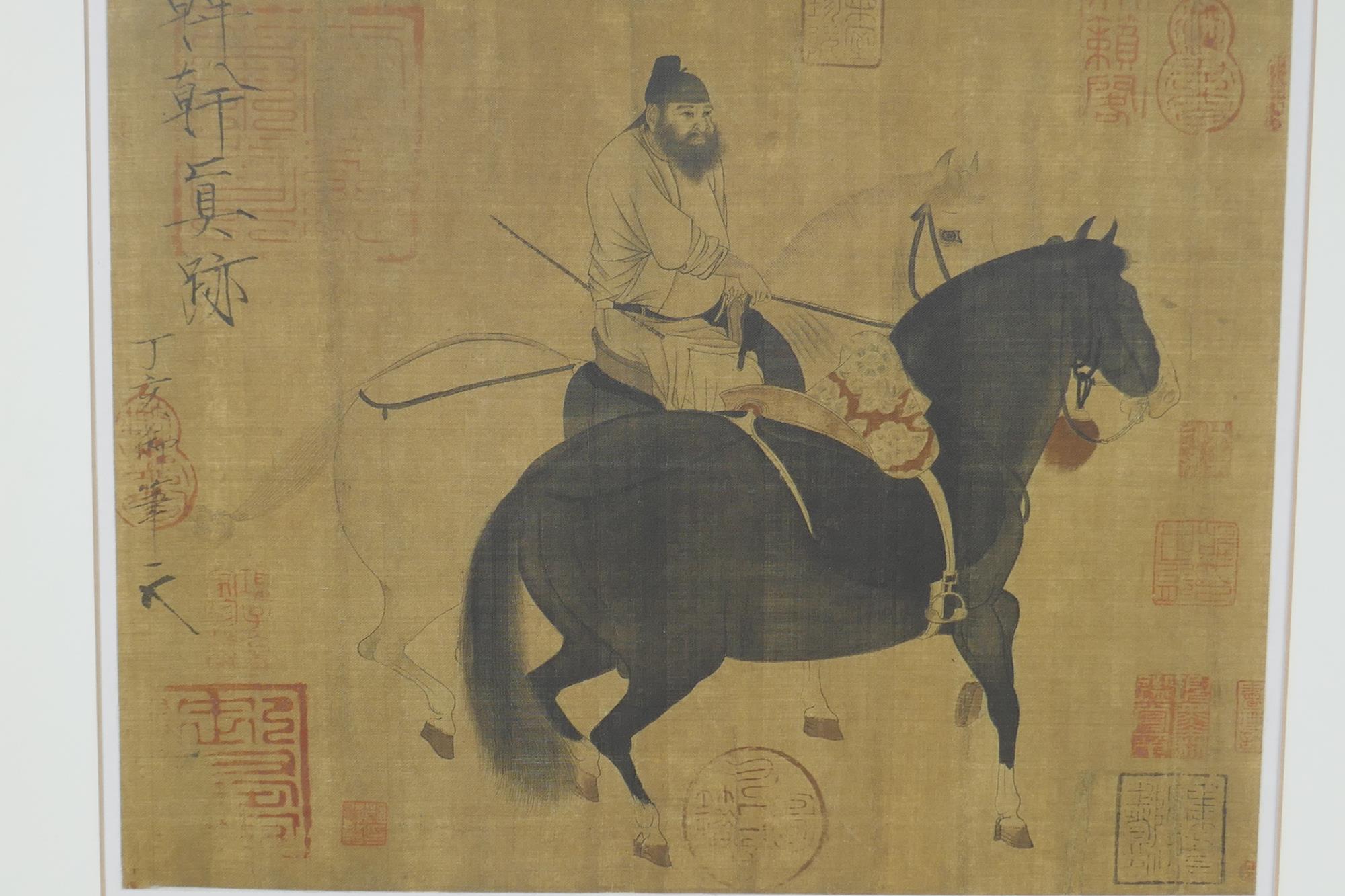 Figure on an island, and a portrait of a horseman, two framed Chinese prints on silk, both inscribed - Image 2 of 5