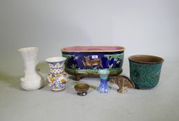 A Victorian Majolica planter, AF broken/re-stuck, 47 x 21 x 23cm, a planter, Shelley vase etc