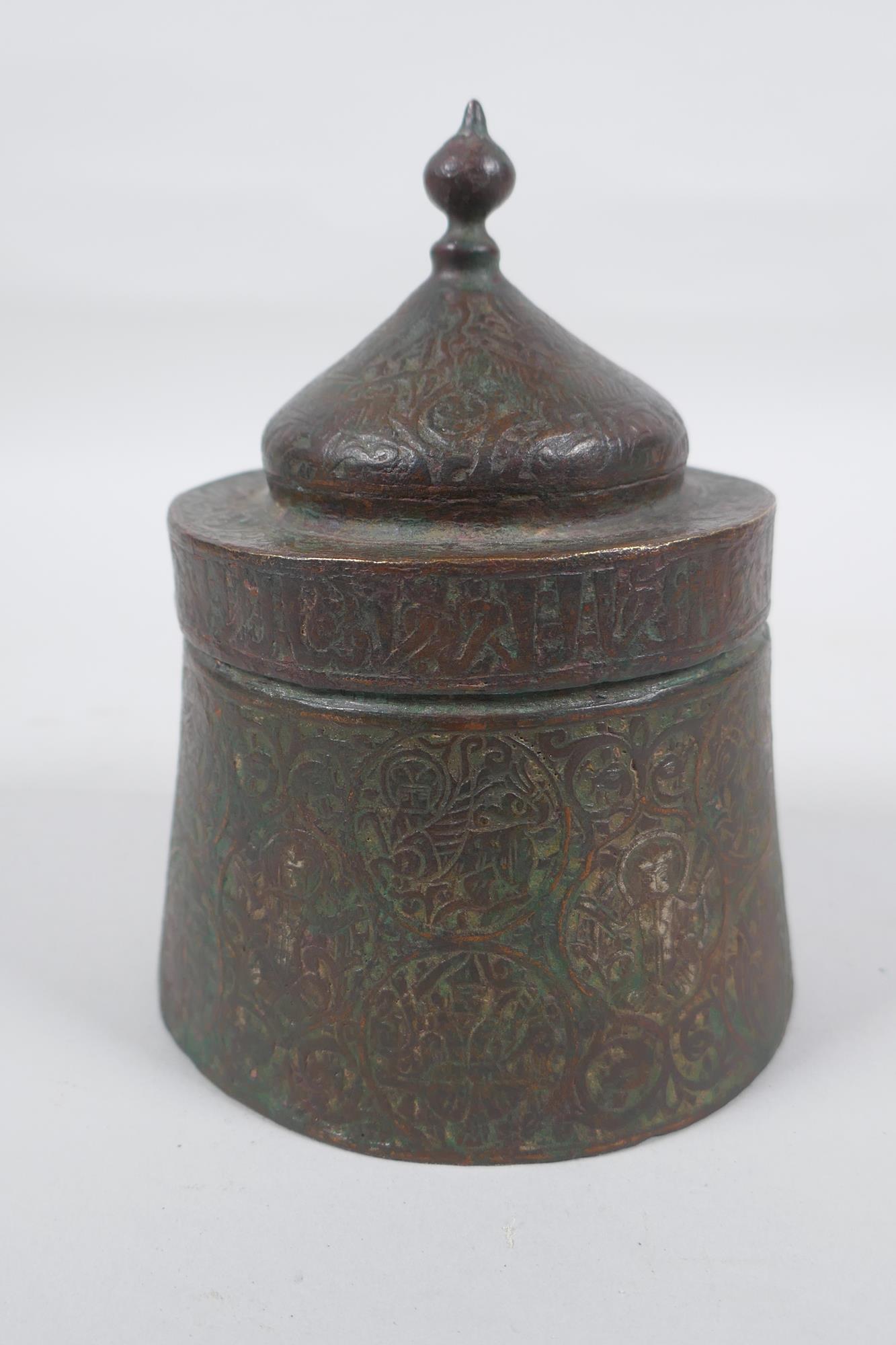An antique Persian copper ink well with remnants of multi metal inlaid decoration, possibly - Image 2 of 6