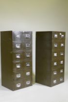 A pair of vintage metal filing cabinets of twelve drawers with chrome handles, 43 x 41 x 103cm