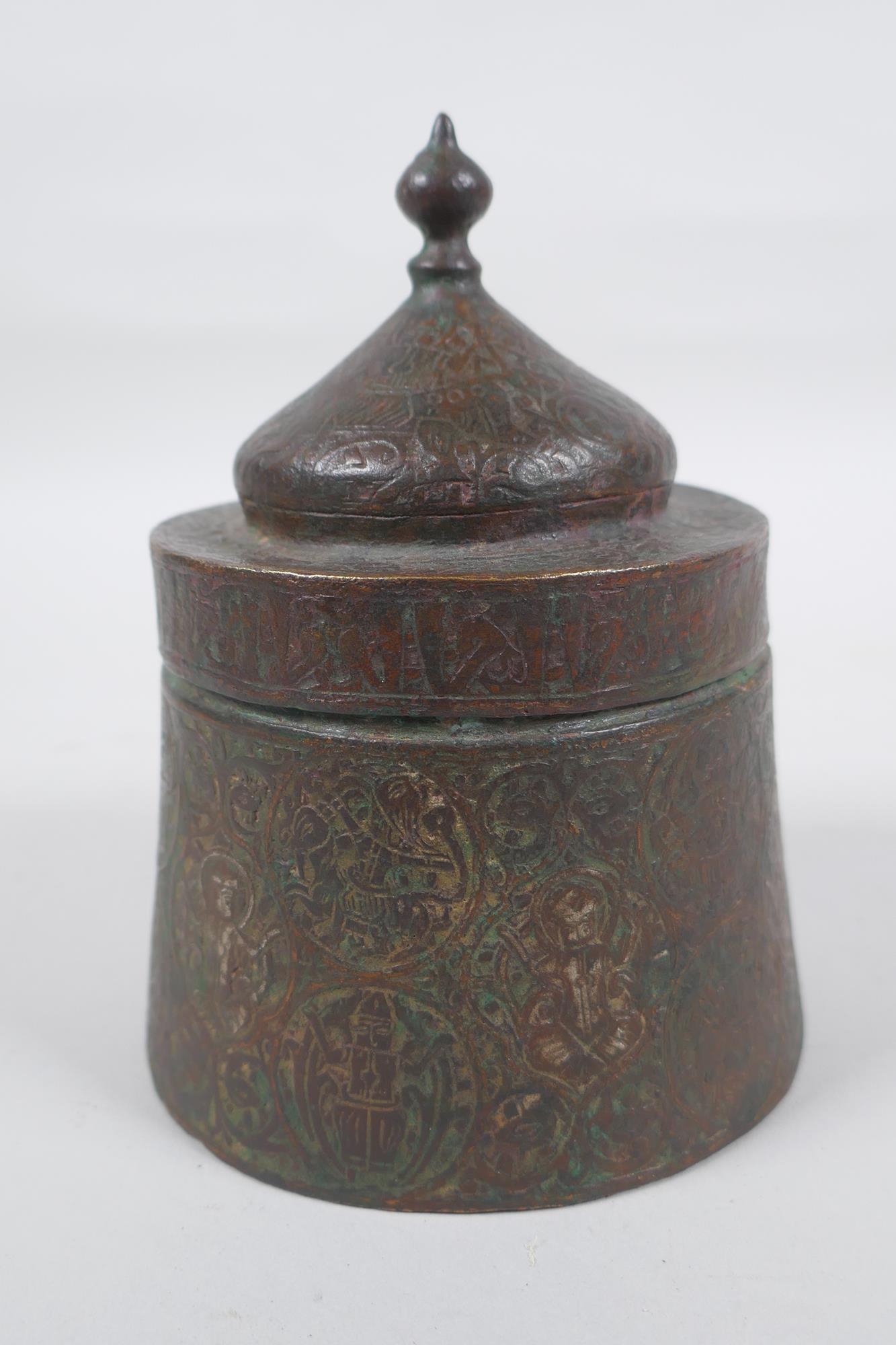 An antique Persian copper ink well with remnants of multi metal inlaid decoration, possibly - Image 3 of 6