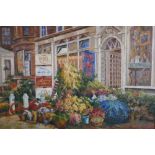 Street scene with flower shop, signed Parker, late C20th, oil on canvas, 102 x 76cm