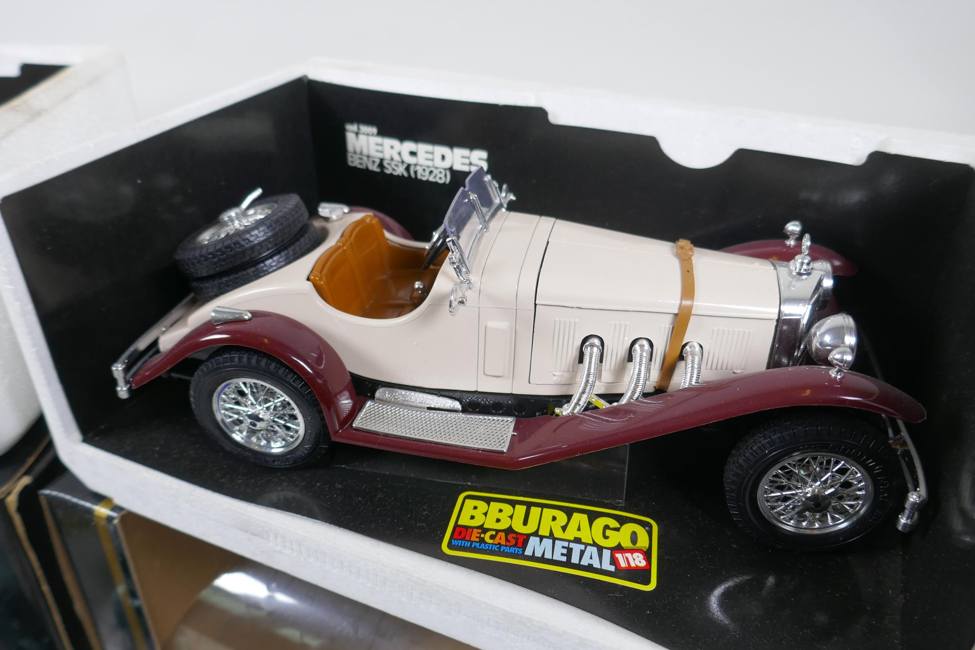 A Bburago 1/18 scale die cast Mercedes Benz SSK (1928) and a Jaguar E. Cabriolet (1961), both in - Image 2 of 8