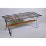 A Belgian mid century chrome, teak and tile topped coffee table by Belarti, the tiles possibly by