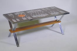 A Belgian mid century chrome, teak and tile topped coffee table by Belarti, the tiles possibly by