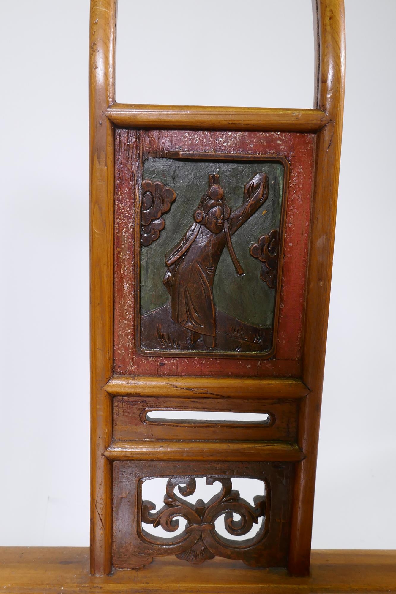 An antique Chinese pine shopkeeper's low chair, with carved panel back, 54 x 42cm, 67cm high - Image 2 of 4