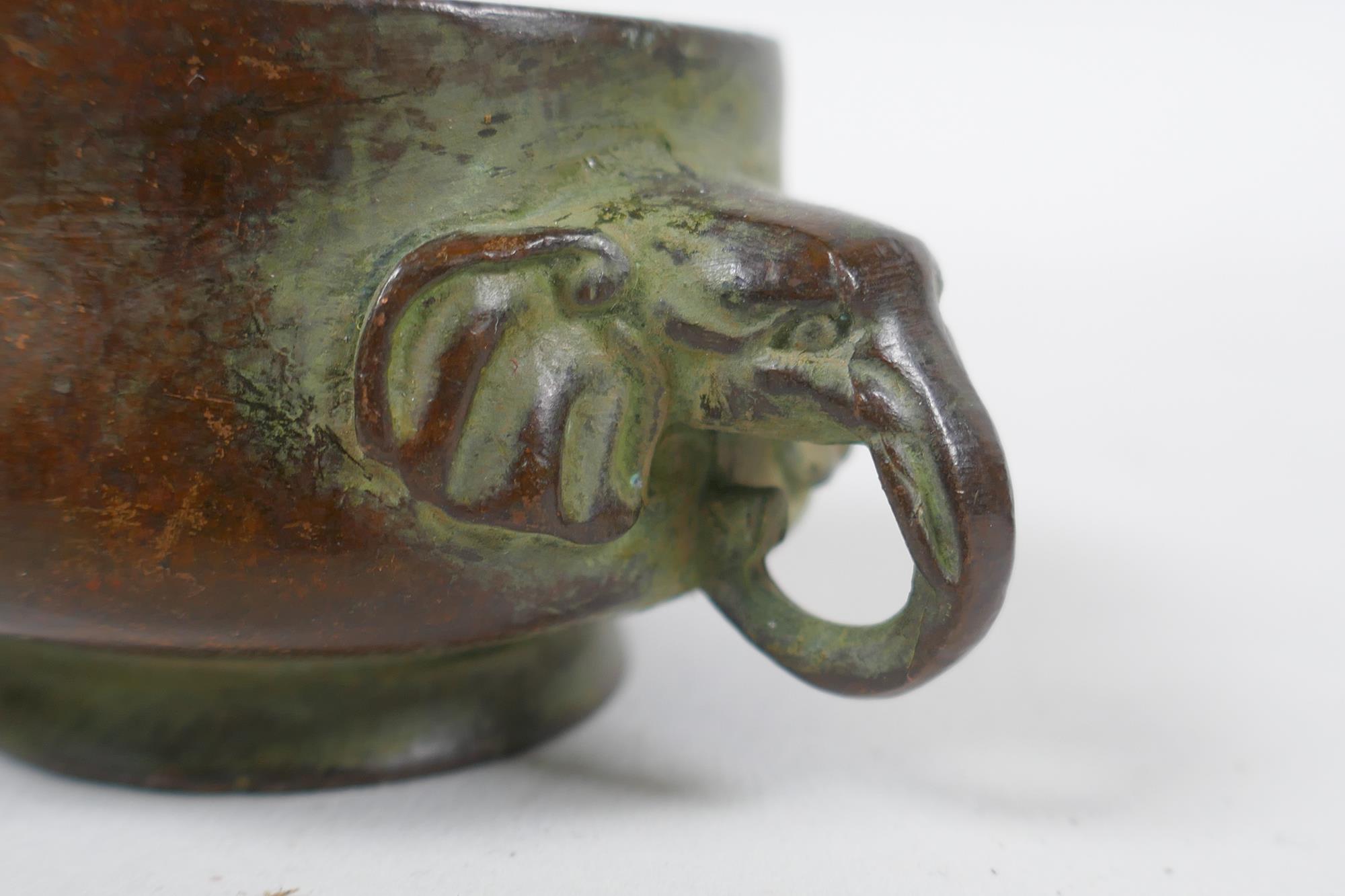 A miniature Chinese bronze censer with two elephant mask handles, and another with lion mask handles - Image 3 of 7