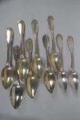 A matched set of C18th French silver fiddle and thread spoons (5+4), 700g