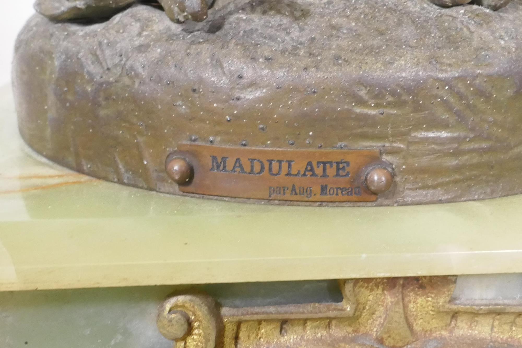 A French alabaster mantel clock with bronzed spelter figure, 'Madulate', after Moreau, the - Image 3 of 5