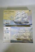 Two 1970s Revell 1:96 Scale plastic spruce model kits for the USS Constitution H-398 and the Cutty