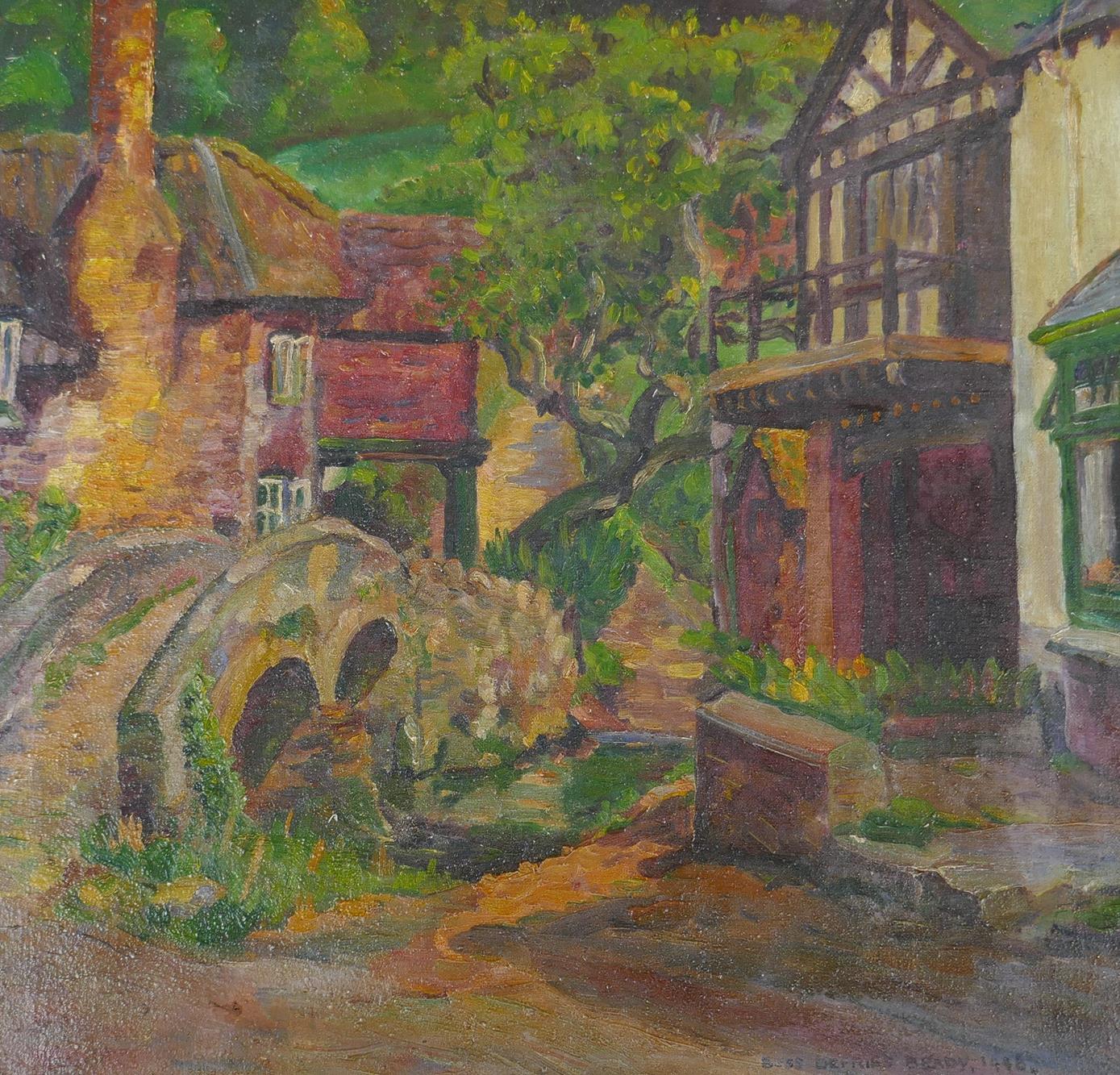 Dwellings by a stone bridge, signed Bess Defries Brady, and a study of an Italian lakeside garden, - Image 4 of 5