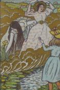 After Lucien Pissarro, Queen of Fishes, woodcut, heightened with gilding, 14 x 22.5cm