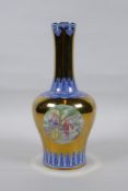 A Chinese gilt lustre porcelain Yen Yen vase with polychrome panels depicting European women,