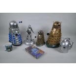 A quantity of Dr Who collectors' items, to include toy Daleks and Cybermen, moneybox, Earthshock VHS