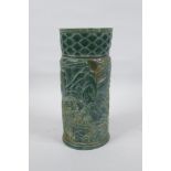 A Chinese spinach green glass brush pot decorated with a landscape scene, seal mark to base, 25cm