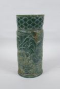 A Chinese spinach green glass brush pot decorated with a landscape scene, seal mark to base, 25cm