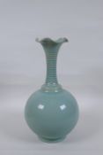 A Chinese Ru ware style porcelain vase with a frilled rim and ribbed neck, 28cm high