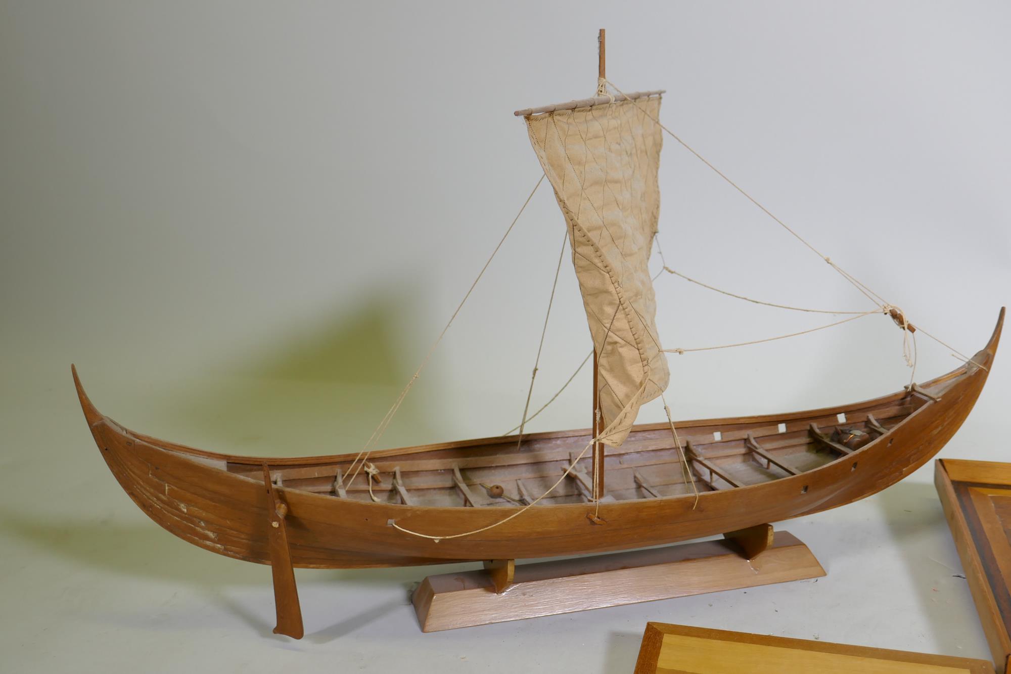 A wood model of a Viking longship, 68cm long, a marquetry panel signed George Wylder, five others, a - Image 2 of 9