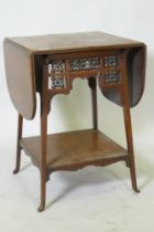 A C19th walnut Arts & Crafts Moorish style drop leaf occasional table, raised on splay supports,