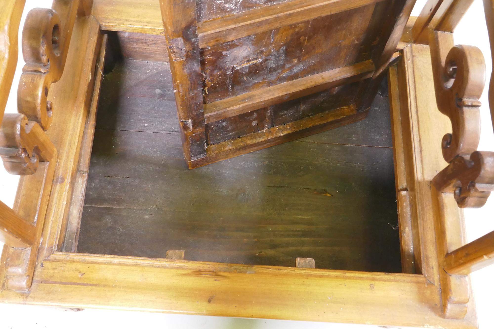 An antique Chinese pine shopkeeper's low chair, with carved panel back, 54 x 42cm, 67cm high - Image 3 of 4