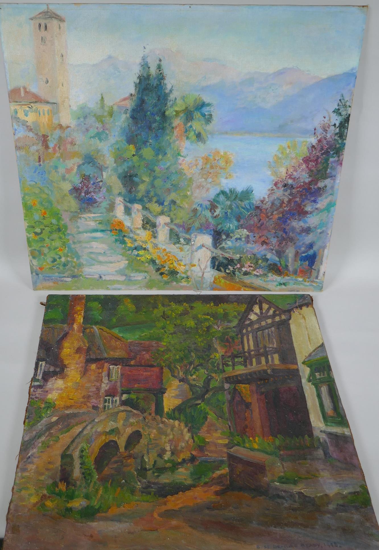 Dwellings by a stone bridge, signed Bess Defries Brady, and a study of an Italian lakeside garden, - Image 2 of 5