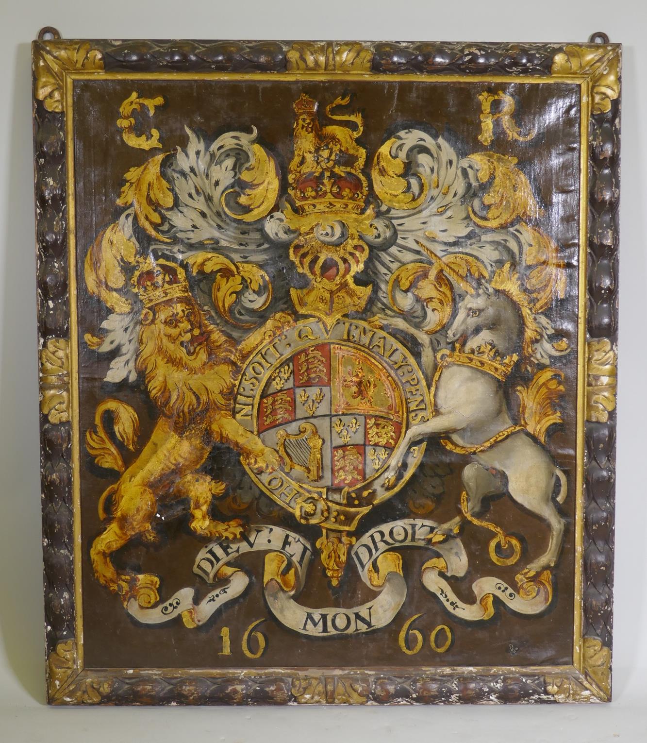 Heraldic painting depicting the Royal Coat of Arms of Charles I, oil on canvas with parcel gilt