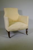 A C91th mahogany tub shaped easy chair, raised on tapering supports with brass castors