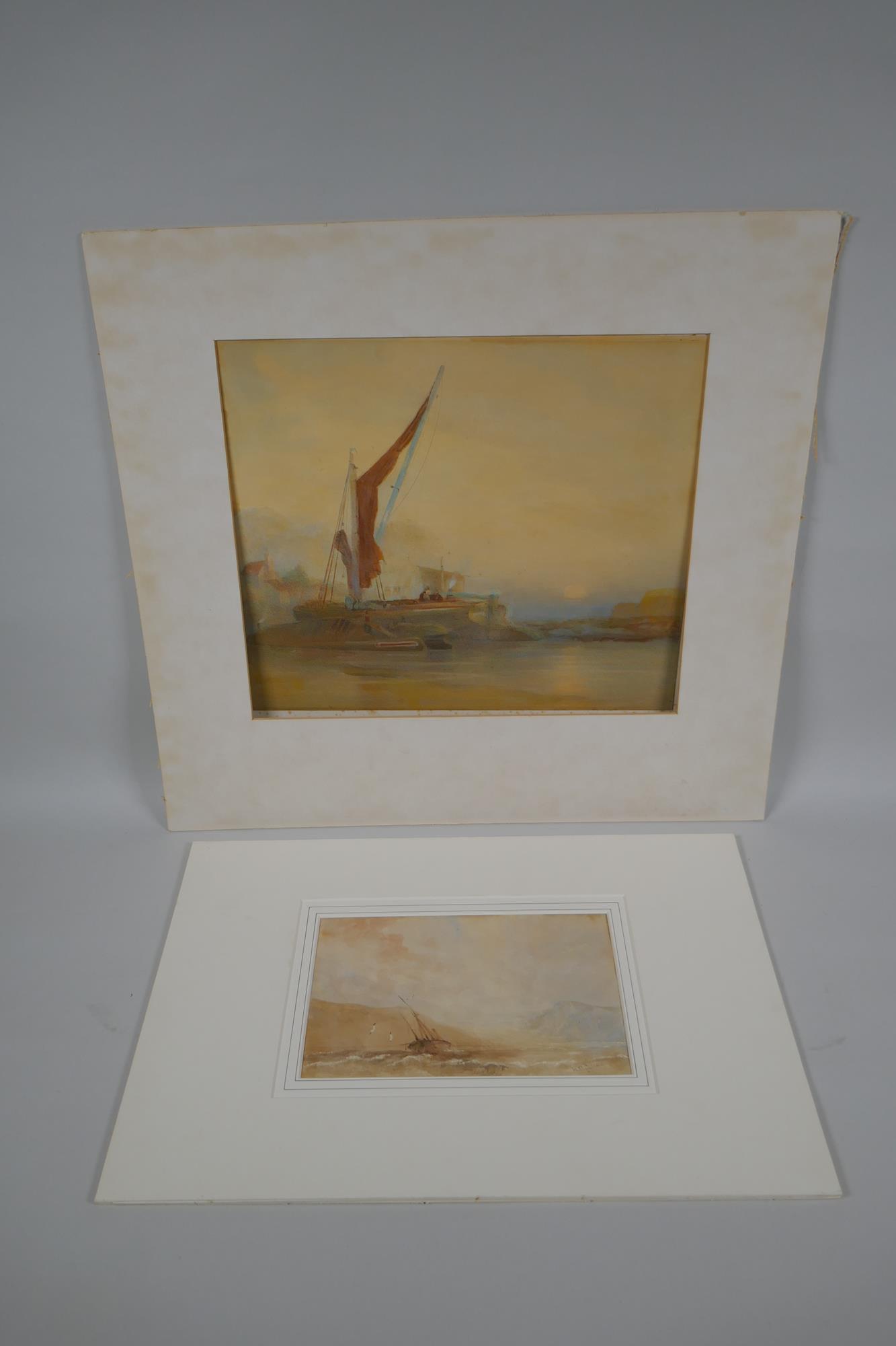 Beach boat in a coastal inlet, signed Henry Barlow Carter, and a study of moored barges at sunset,