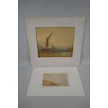 Beach boat in a coastal inlet, signed Henry Barlow Carter, and a study of moored barges at sunset,