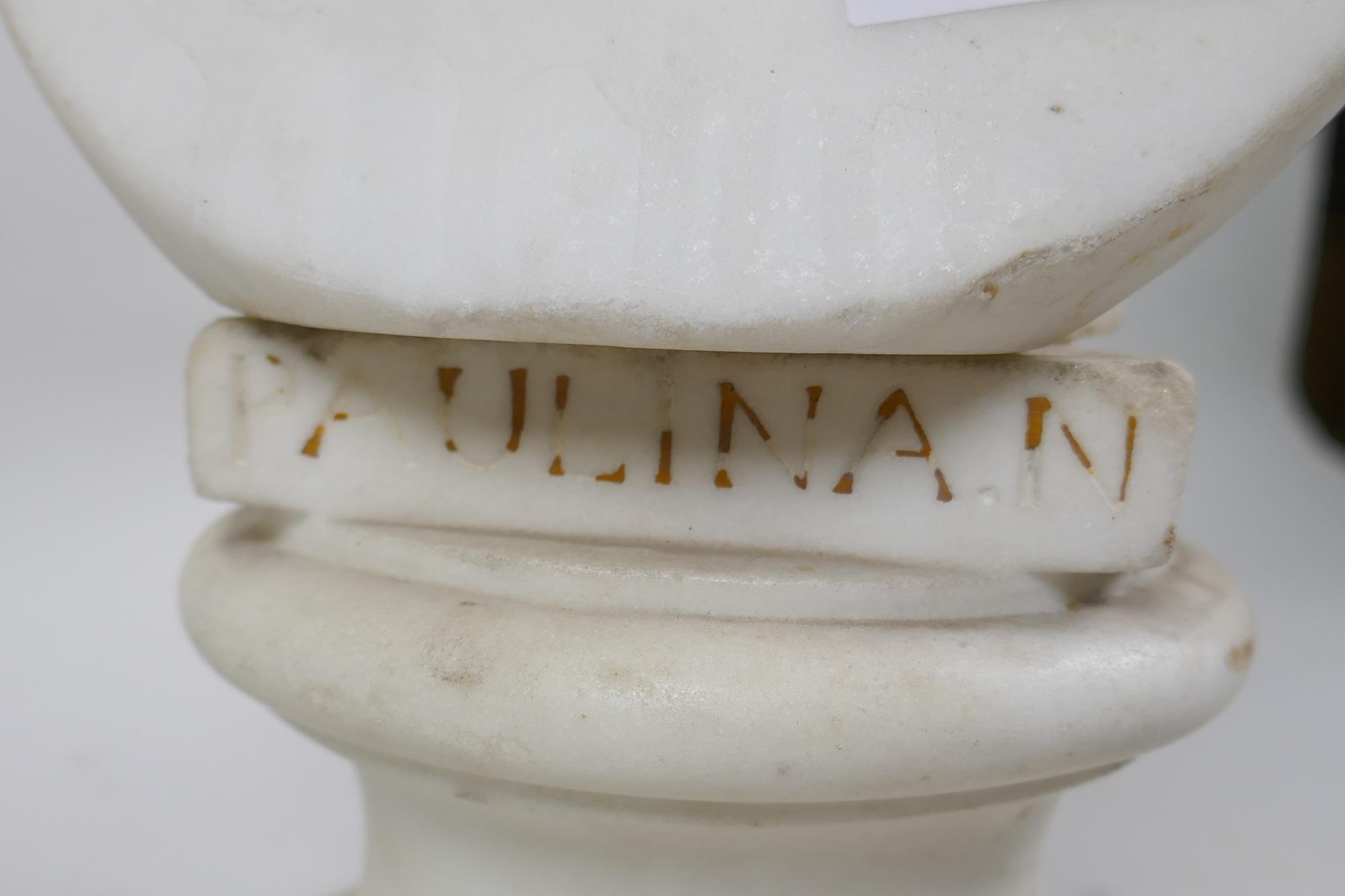 A C19th marble bust of a woman, raised on a socle, AF repaired, inscribed Paulina.N, bust 34cm high - Image 4 of 8