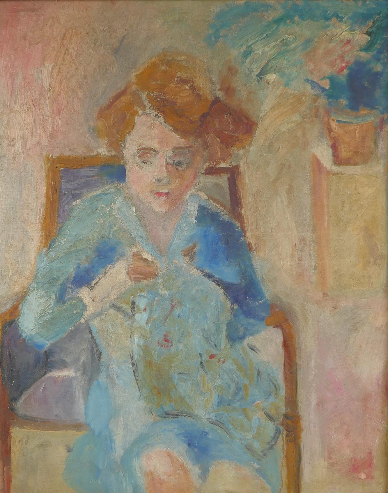 Modern British School, portrait of a seated lady sewing, oil on canvas, 53 x 43cm
