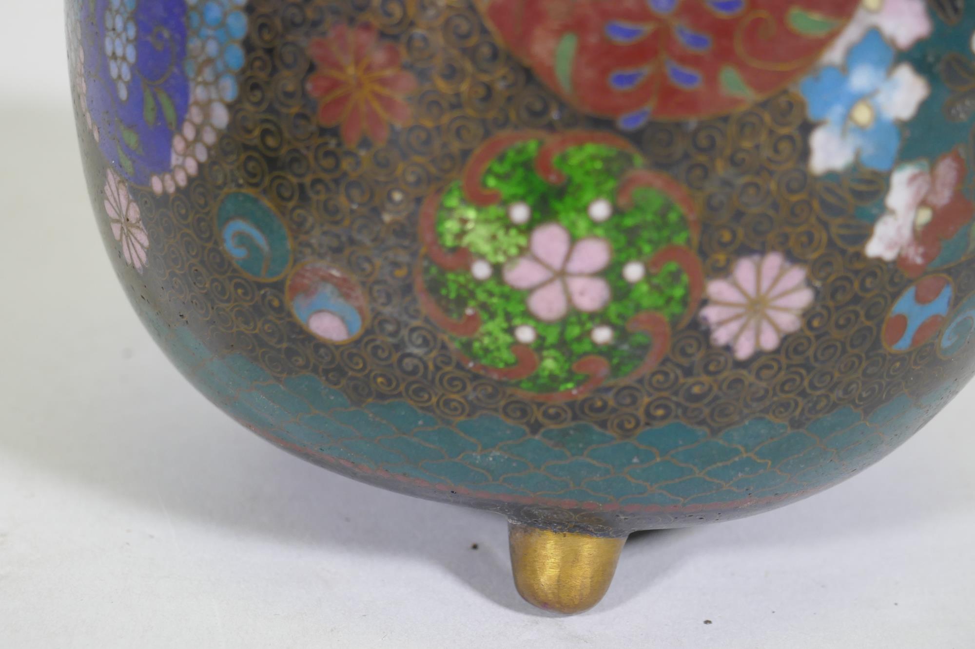 An antique oriental cloisonne potpourri, with ginbari panels, 13cm high, lacks knop to cover, a pair - Image 3 of 9