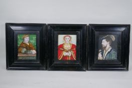 After Hans Holbein the Younger, three silk embroidered portrait paintings, Anne of Cleves, Simon