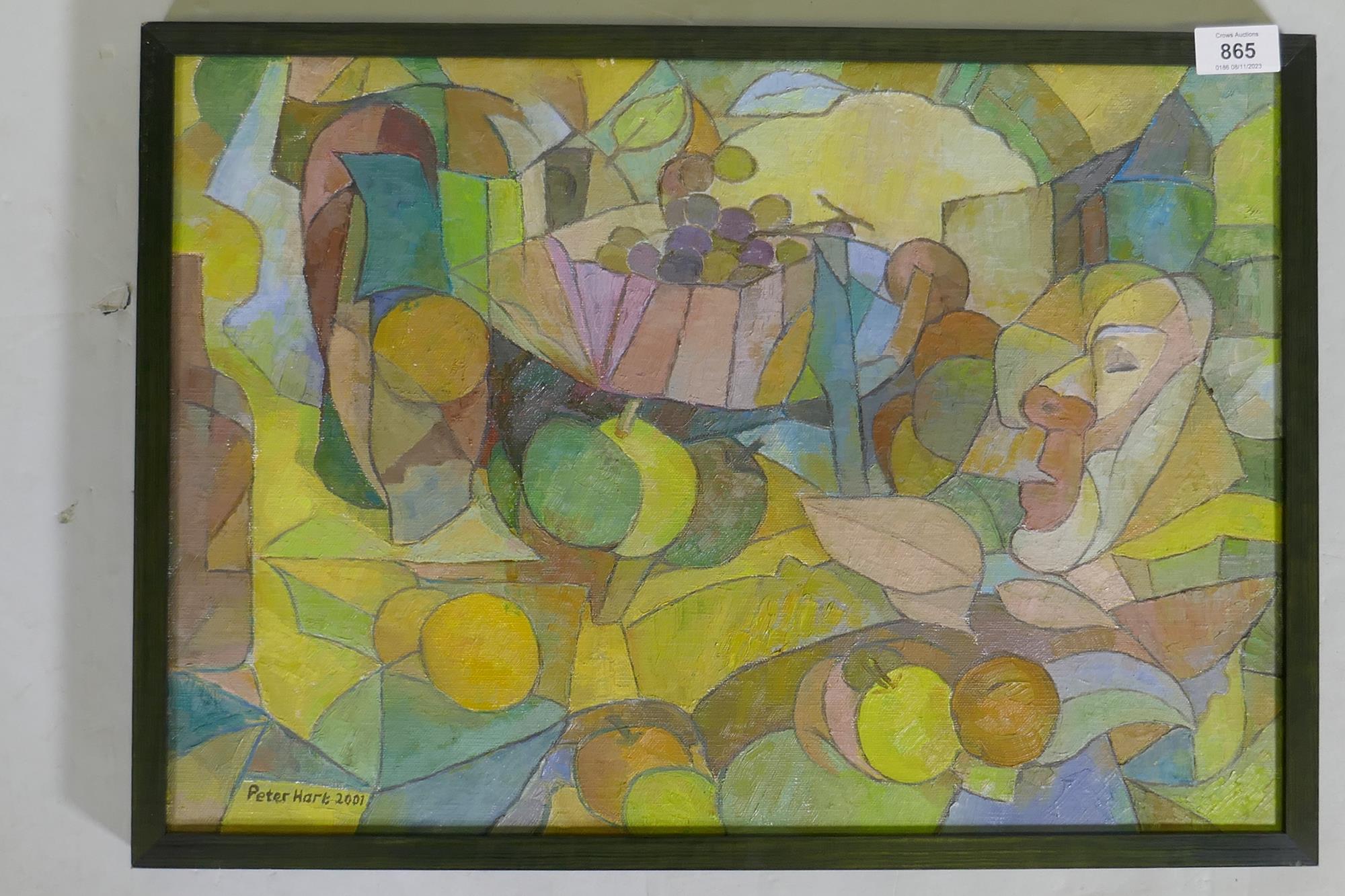 Peter Hart, abstract with fruit, signed and dated 2001, oil on canvas, 50 x 36cm - Image 2 of 4